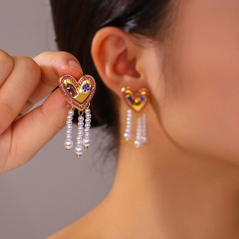 Pendientes Colgantes Corazón Acero Inoxidable Chapado En Oro 18K Diamantes De Imitación Perla Artificial Borla Joyería De Lujo Para Mujer