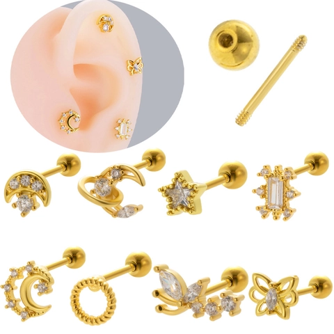 Stainless Steel Zircon Cartilage Stud Earrings Moon Star Butterfly Fashion Trendy Screw Back Ball Piercing Jewelry Women