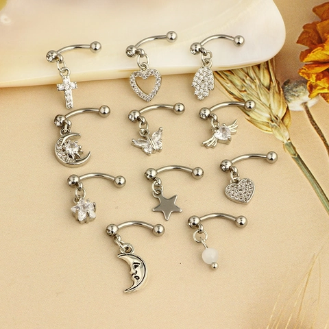 Edelstahl Curved Barbells Körperpiercing Schmuck Zirkonia Kupfer Schmetterling Herz Kreuz Mond Anhänger Hip Hop Für Damen Herren