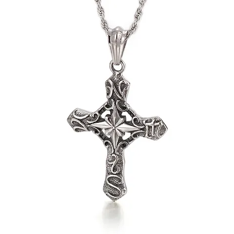 Ciondolo Croce Gotica Vintage Acciaio Inossidabile Dettaglio Stella Retro Punk Gioiello Per Uomo