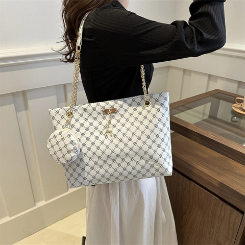Grand Sac Cabas Vintage En Cuir PU À Motif Monogramme Pour Femmes Sac À Épaule De Mode Et Petit Porte-Monnaie Rond