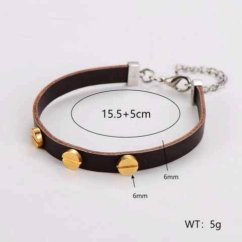 Bracciale Punk In Pelle Con Rivetti A Vite In Acciaio Inossidabile 304 Gioielli Di Moda Minimalista Per Uomo E Donna Marrone