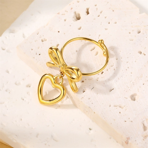 Anello Aperto in Acciaio Inossidabile con Fiocco a Cuore Cavo Francese Elegante per Donna Dolce Leggero Lusso a Forma di Cuore Regolabile Oro