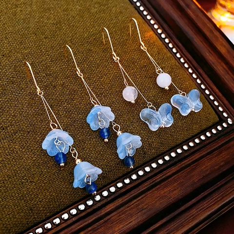 Elegant Long Drop Earrings Blue Butterfly Floral Glass Bead Tassel Ear Hooks Niche Style Jewelry For Women
