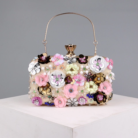 Women Evening Clutch Bag 3D Handmade Flower Sequins Beaded Hard Shell Wedding Party Purse Metal Handle Chain