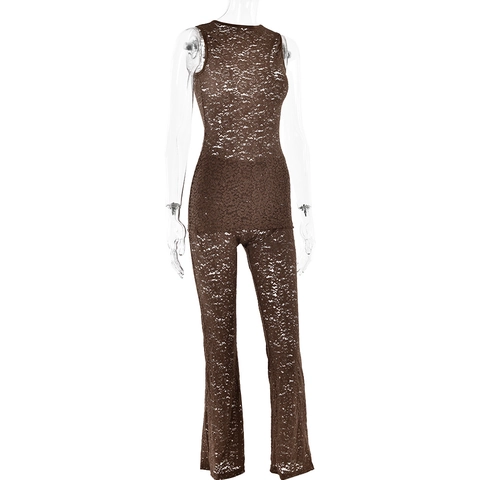 Sexy Lace Sleeveless Round Neck Top And Long Pants Transparent Slim Fit Streetwear For Women Solid Color
