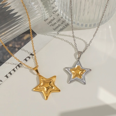 Stern Anhänger Halskette 304 Edelstahl PVD Vergoldet Zierlicher Geometrischer Stern Minimalistischer Schmuck Für Damen