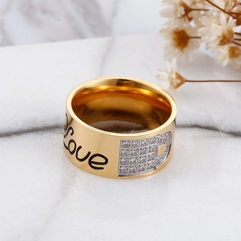 Breitbandring Edelstahl Vergoldet Zirkonia Love Graviert Trendiges Mode Schmuck Accessoire Für Damen