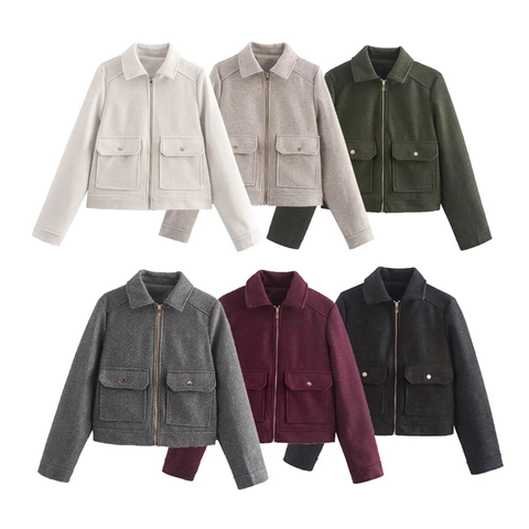 Damen Casual Gekürzt Wollen Jacke Reißverschluss Revers Mantel Mit Pattentaschen Mode Langarm Einfarbig Arbeitskleidung Oberbekleidung