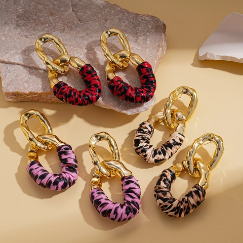 Pendientes Colgantes Ovalados Geométricos De Aleación Forrada En Cuero Estampado Leopardo Y Poste De Plata 925 Mujer