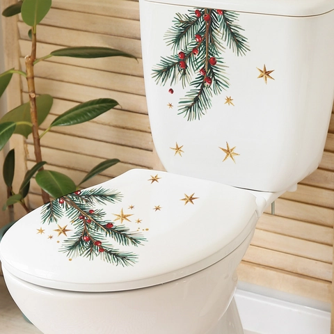 Kerst Toiletdeksel Sticker PVC Waterdicht Verwijderbaar Dennentak Rode Bessen Gouden Sterren Badkamer Muursticker Decoratie
