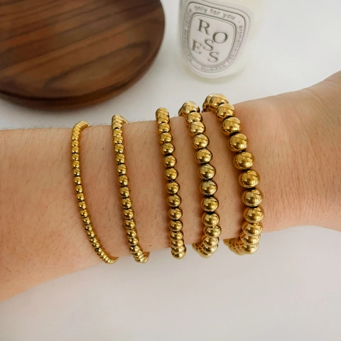 18K Gold PVD Plated 316L Stainless Steel Beaded Bracelet For Women Waterproof Simple Ball Bead Elastic Trendy Jewelry