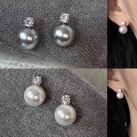 Minimalist Round Imitation Artificial Pearl Stud Earrings With Zircon Inlaid And Earring Post For Women