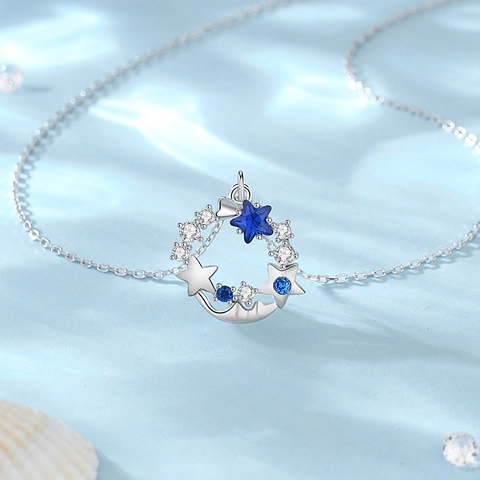Collar con Colgante de Círculo de Meteorito Azul Cielo Estrellado de Plata de Ley 925 S925 para Mujer Circonia Incrustada Joyería