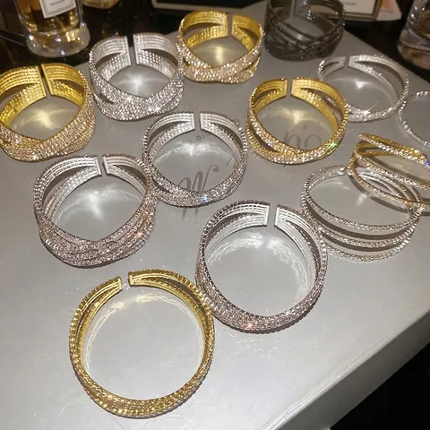 Bracciale Rigido In Rame Con Strass Doppio Strato Croce Avvolgimento Regolabile Braccialetto Aperto Lusso Elegante Gioielli Per Donna