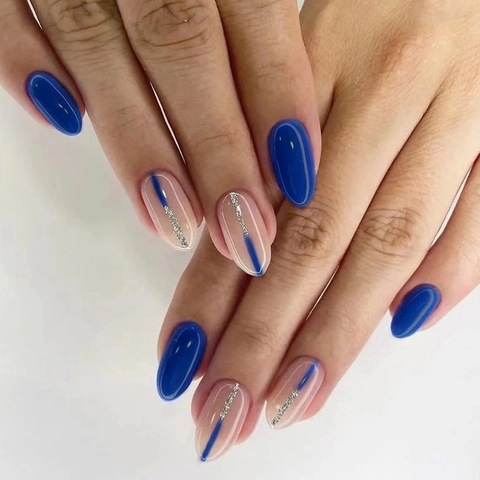 Press On Nails Almond Shape Blue Pink Contrast Silver Glitter Lines Glossy False Nails Artificial Finger Nails For Women