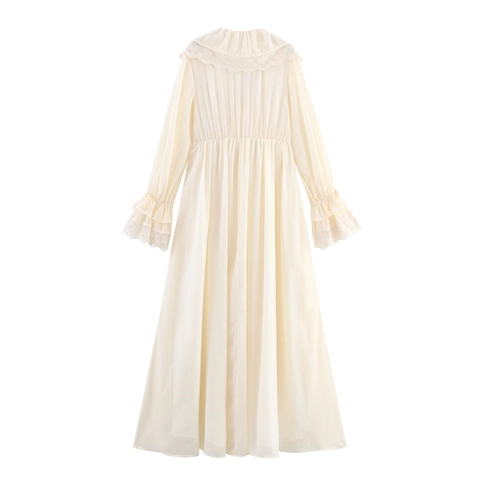 Elegantes Damen Maxikleid V-Ausschnitt Französischer Stil Rüschen Glockenärmel Spitze Chiffon Einfarbig