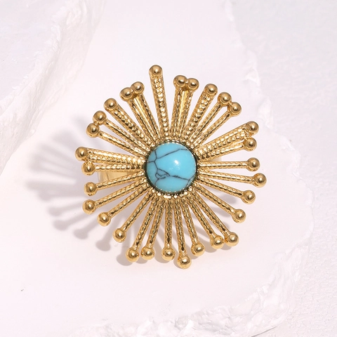 Radiant Sun Flower Open Ring Stainless Steel 18K Gold Plated Synthetic Stone Adjustable Bohemian Jewelry For Women