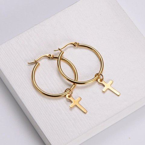 Orecchini A Cerchio In Acciaio Inossidabile Con Ciondoli A Croce Placcati Oro 18K Gioielli Minimalisti Da Donna