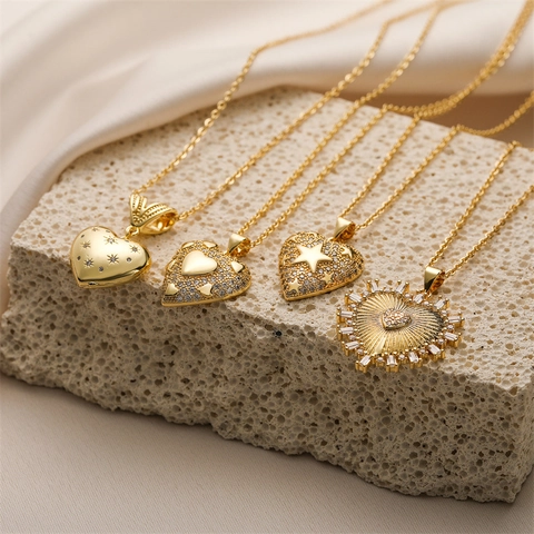 Hart Hanger Ketting Verguld Koper Met Zirkonia Ster Zonnestraal Motief Mode Sieraden Voor Heren En Dames