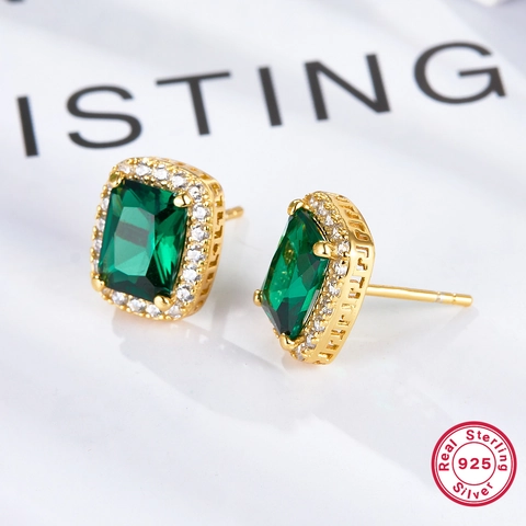925 Sterling Silver Square Zirconia Stud Earrings For Women French Vintage Luxury Gold Plated Halo Rectangle Gemstone Jewelry