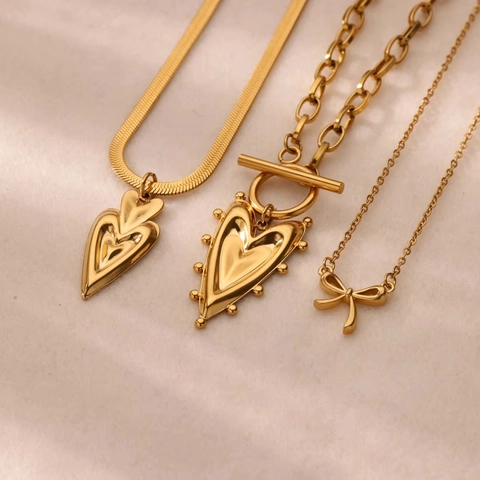 Collana Con Ciondolo A Cuore Fiocco E Croce In Acciaio Inossidabile Oro Per Donna Stile Vintage Francese Chiusura Toggle