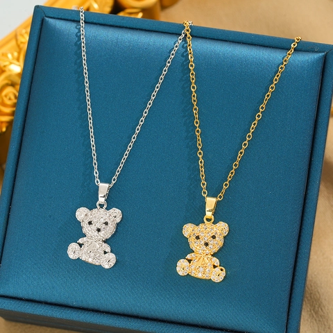 Sparkling Full Zircon Teddy Bear Pendant Necklace 18K Gold Plated Stainless Steel Fashion Jewelry Gift For Women