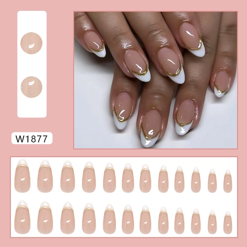 Unghie Finte French Tip Forma Mandorla Con Bordo Dorato Design Bianco Base Nude Lucida Plastica ABS Unghie Artificiali