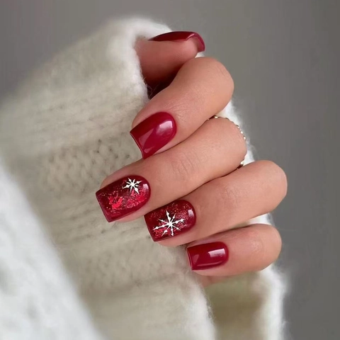 Uñas Postizas a Presión Cuadradas Copos de Nieve Navidad Rojo Ankara Purpurina Brillante ABS Uñas Postizas Mujer Fiesta Manicura