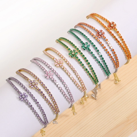 Zircon Flower Adjustable Sliding Bracelet 18K Gold Plated Double Row Tennis Jewelry For Women Sweet Style