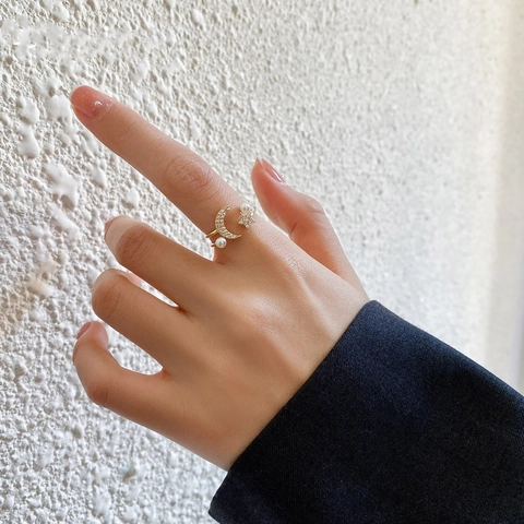 Anello Aperto Regolabile in Rame Vintage Luna Stella Placcato Oro Con Strass E Perla Artificiale Per Gioielli Moda Donna