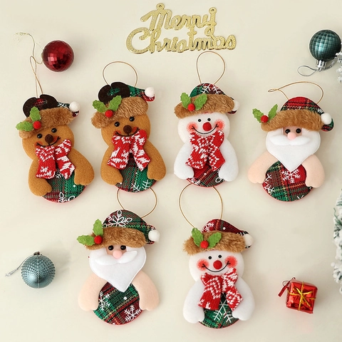 Christmas Tree Hanging Ornaments Plaid Cloth Santa Snowman Elk Bear Holiday Party Decorations Plush Fabric
