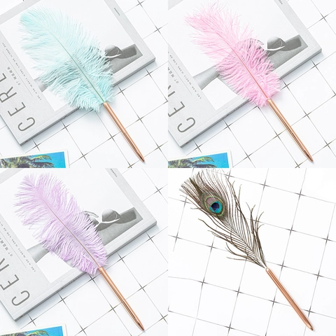 Creative Feather Ballpoint Pen Elegant Metal Barrel Ostrich Quill Pens For Wedding Office Writing Graduation Party Gift