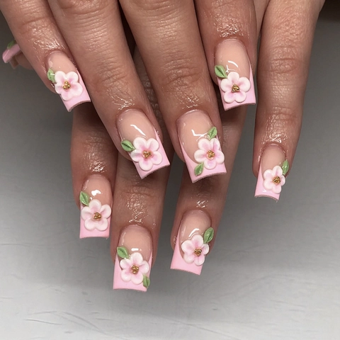 Französischer Farbverlauf Künstliche Nägel Rosa 3D Blume Quadratische Form Künstliche Fingernägel Für Frauen Elegante Maniküre