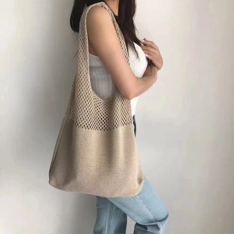 Damen Retro Gestrickte Tragetasche Große Kapazität Ausschnitt Gewebte Schultertasche Casual Handtasche Urlaub Strandtasche