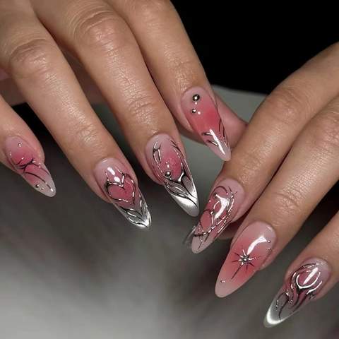 Faux Ongles À Presser Amande Lignes Argentées Métallisées Cœur Étoile Dégradé Rose Blush Plastique ABS Style Sweet Cool Pour Femmes