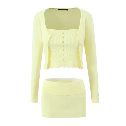 Women Long Sleeve Cardigan Ribbed Knit Tube Top And Mini Skirt Solid Color Hollow Out Streetwear Outfit