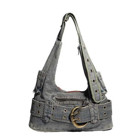 Retro Washed Denim Underarm Shoulder Bag Y2K Vintage Style With Metal Buckle And Adjustable Strap