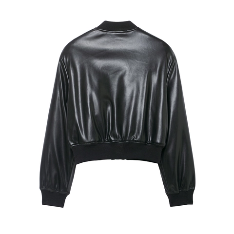 Women Faux Leather Bomber Jacket Loose Solid Color Zip Up Ribbed Trim Pilot Motorcycle Style Streetwear Outerwear Black