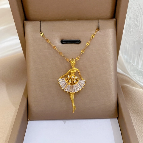 Collana Con Ciondolo Ballerina In Acciaio Al Titanio Con Zirconi Intarsiati Gioielli Eleganti Stile Coreano