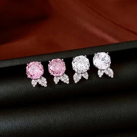 Orecchini A Rosa Con Zirconi E Perno In Argento Decorazione Foglie Dolci Gioielli Eleganti Alla Moda Per Donna