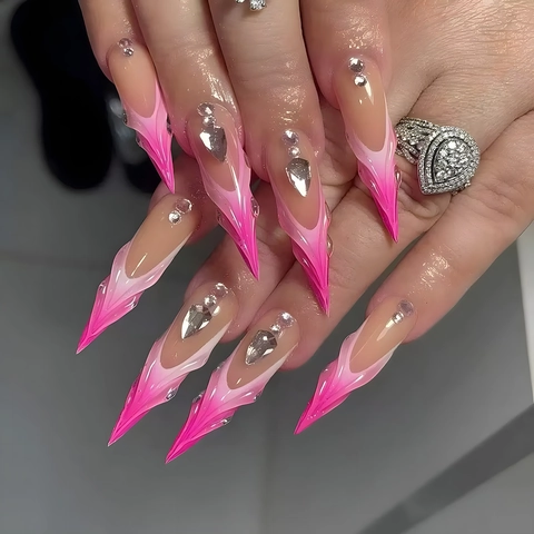 Lange Stiletto Press On Nagels Roze Magenta Gradiënt Ombré 3D Reliëf Strass Kunstnagels