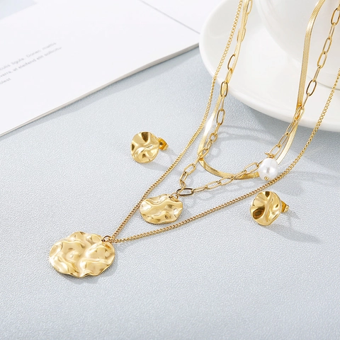 Collana E Orecchini Multistrato In Acciaio Inossidabile Pendente Rotondo Irregolare Martellato Imitazione Perla Artificial Gioielli