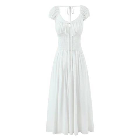 Abito Lungo Bianco Spalle Scoperte Maniche A Sbuffo Corpetto Punto Smock Schiena Scoperta Lacci Linea A
