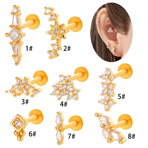 F136 Titanium Alloy Labret Stud Earring With Copper Inlaid Zircon Flower Cross Star Shape Internal Thread Jewelry