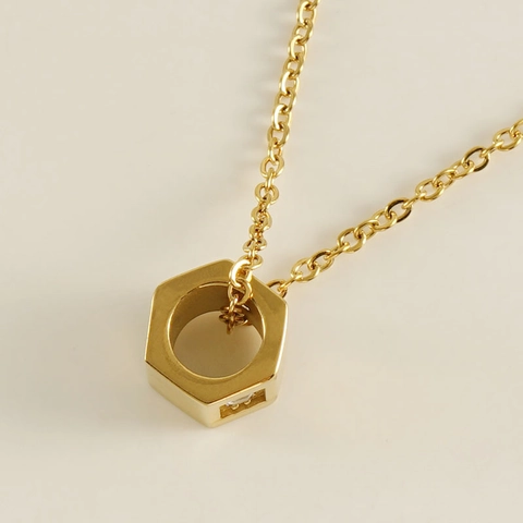 Hexagon Nut Pendant Necklace Stainless Steel 18K Gold Plated Geometric Square Zircon Industrial Style Trendy Jewelry Unisex