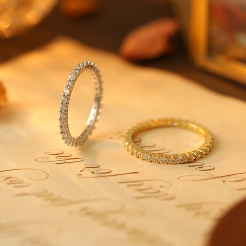 925 Sterling Silver Eternity Ring For Women Minimalist Cubic Zirconia Inlaid Stackable Thin Band Dainty Elegant Jewelry