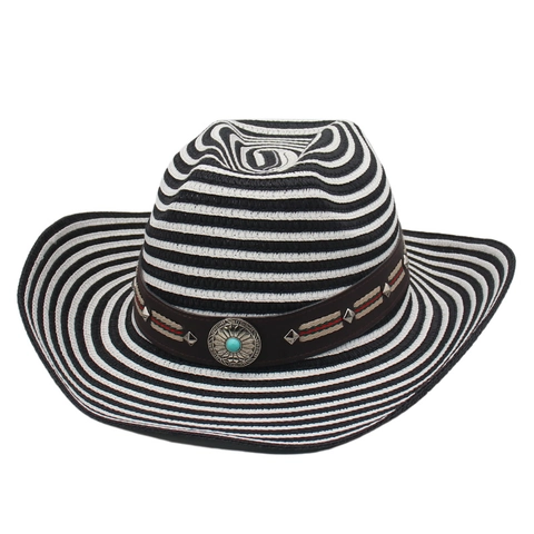 Cappello Paglia Cowboy Tesa Larga Righe Estate Protezione Solare Cappello Spiaggia Con Fascia Turchese E Cordino Unisex