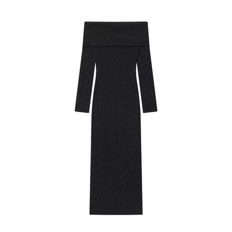 Vestido Largo De Encaje Con Hombros Descubiertos Manga Larga Ajustado Elegante Fiesta Color Sólido Para Mujeres