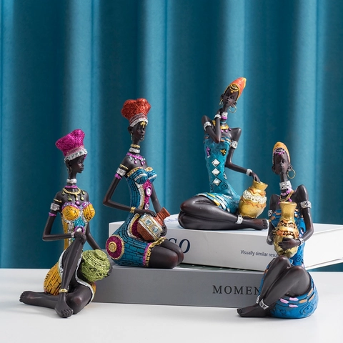 Figurines Femmes Africaines Résine Statue Dame Tribale Robe Traditionnelle Ethnique Avec Pot Décoration Art Maison Bureau